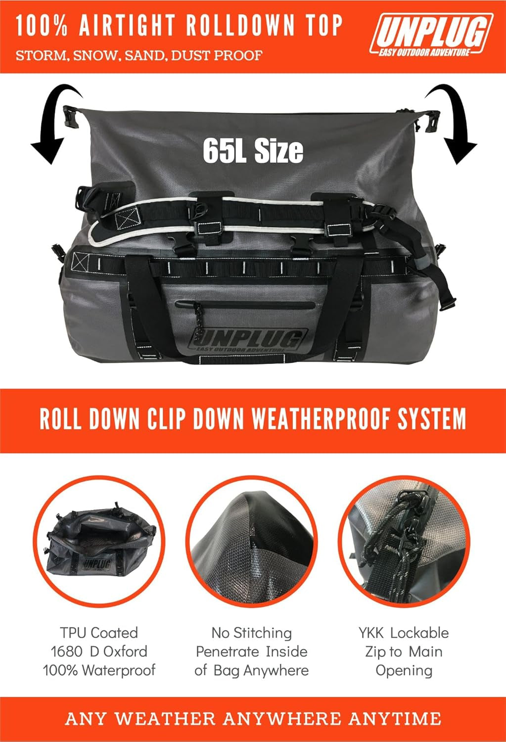UNPLUG Ultimate Adventure Bag -1680D Heavy Duty Waterproof Travel Duffel Bags for Camping, Motorcycle Dry Bag, Waterproof Bags for Boating, Waterproof Duffle Backpack,Tactical Duffle Bag