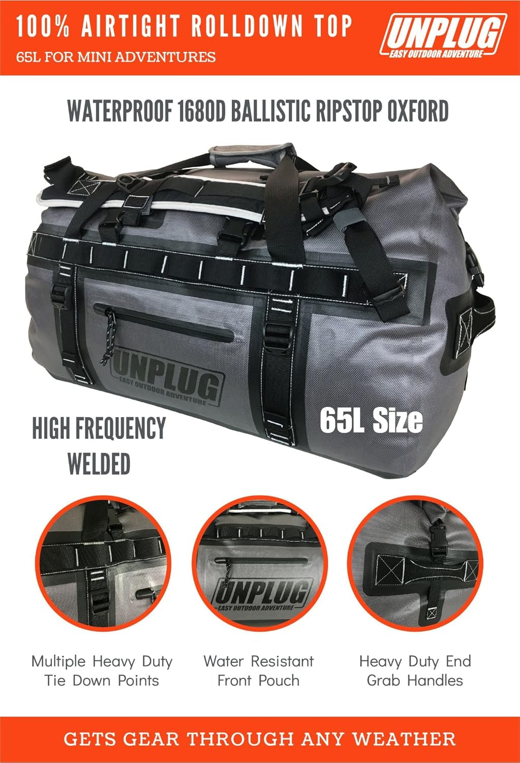 UNPLUG Ultimate Adventure Bag -1680D Heavy Duty Waterproof Travel Duffel Bags for Camping, Motorcycle Dry Bag, Waterproof Bags for Boating, Waterproof Duffle Backpack,Tactical Duffle Bag